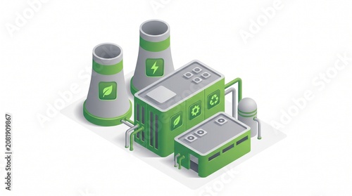 3D Isometric Nuclear Power Plant with Cooling Towers and Eco Energy Interface Vector Illustration