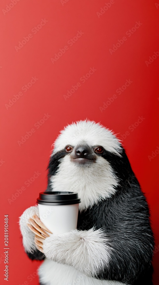 Fototapeta premium Young sloth holding paper cup on red background