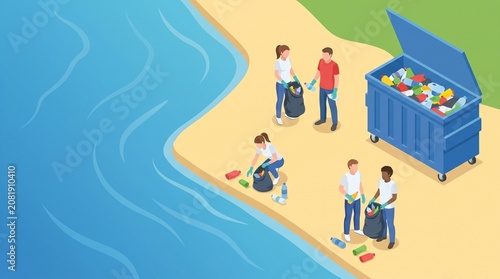 3D Isometric River Cleanup Volunteers Collecting Plastic Waste Vector Illustration