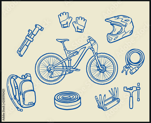 Blue line mountain biking gear with bike helmet gloves and tools on beige background