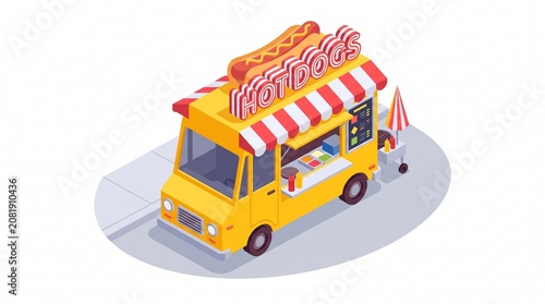 3D Isometric Hot Dog Food Truck Street Fast Food Cart Vector Illustration