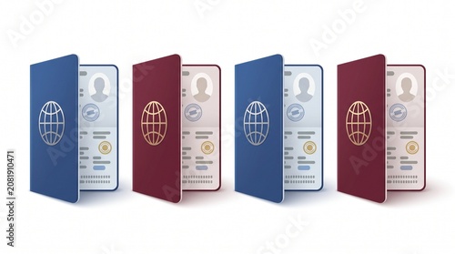 3D Isometric Passport Collection with Travel ID Cards Isolated on White Background Vector Illustration