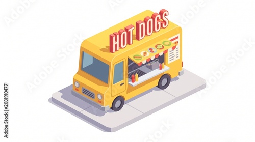 3D Isometric Hot Dog Food Truck Street Fast Food Cart Vector Illustration
