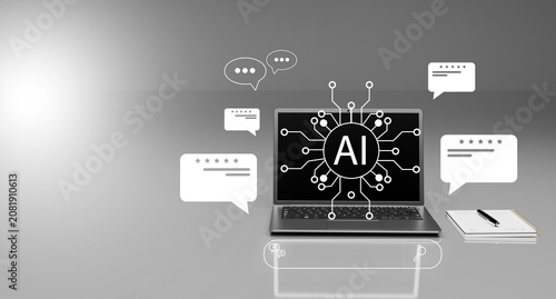 AI chatbot prompt on laptop, representing artificial intelligence, generative AI technology, virtual assistant and smart content creation interface. Multimedia technology.