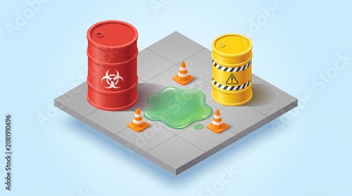 3D Isometric Hazardous Waste Barrels with Chemical Spill and Safety Cones Vector Illustration