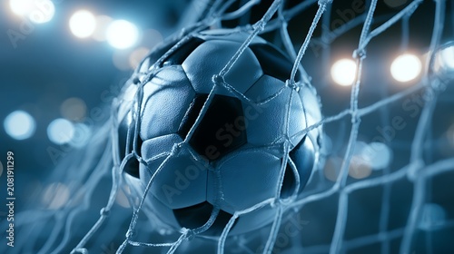 Soccer ball in goal net with stadium lights, close-up shot