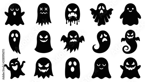 Cuadro en lienzo Collection of spooky black ghost silhouettes for halloween vector illustration o