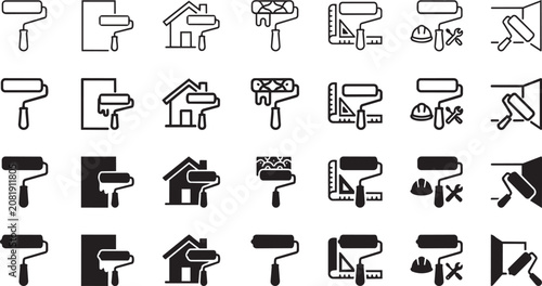 Set of black and white paint roller icons for construction and renovation work on transparent background