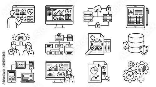 Clinical data management and healthcare system optimization icons