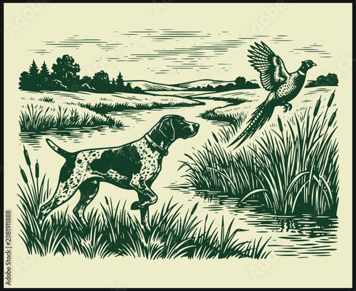 Vintage green hunting dog flushing pheasant by river landscape
