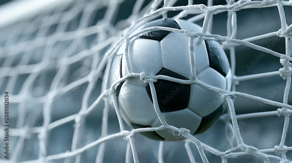 Naklejka premium Soccer ball in goal net, close-up shot of football in mesh