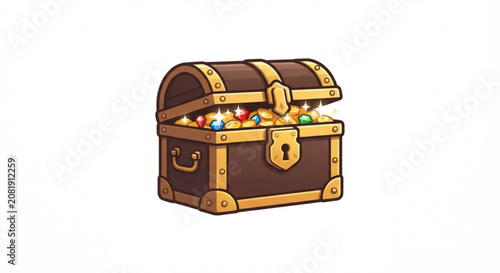 Konstfotografi Cartoon vector Treasure Chest Filled With Gold Coins and Gems Isolated on White