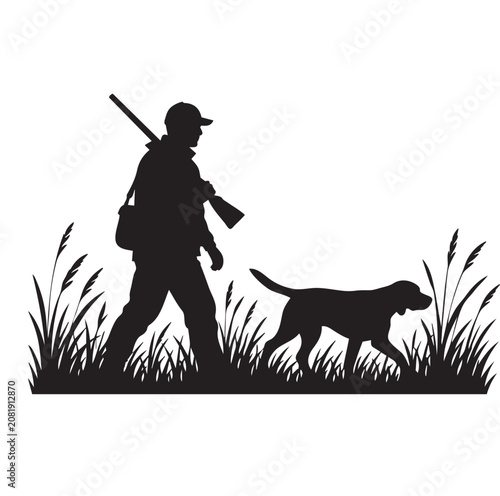 Hunter Walking with Hunting Dog in Tall Grass Silhouette Vector Isolated on White Background