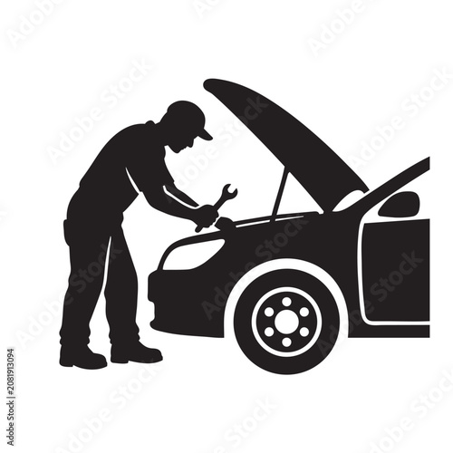 Auto Mechanic Repairing Car Engine Silhouette Vector Isolated on White Background