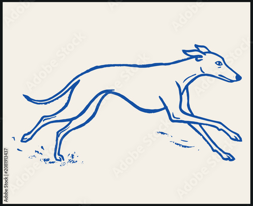 Obraz na płótnie Minimalist blue line greyhound running swiftly with extended legs and trailing t