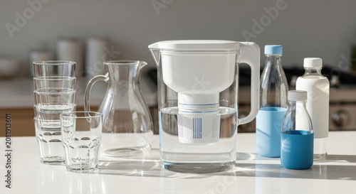 Modern Water Pitcher Filter And Serving Glassware Collection For Kitchen Counter
