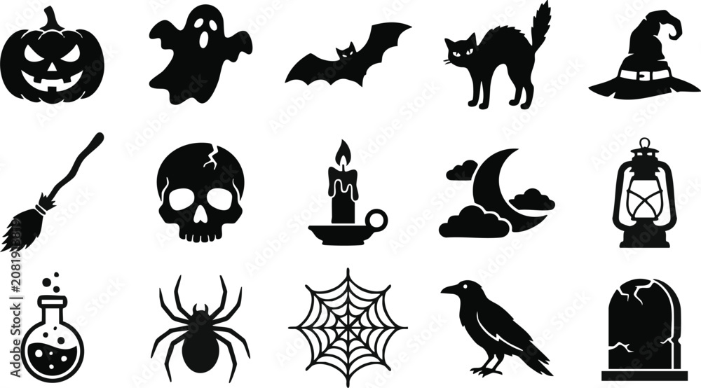 Fototapeta premium Halloween icons set including spooky symbols and creatures