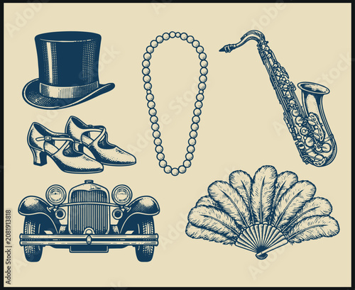 Photography Vintage 1920s jazz era objects illustration with car hat pearls saxophone shoes