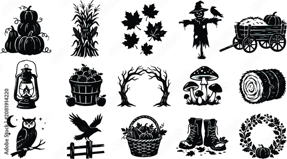 Naklejka premium Black and white autumn icons set including pumpkins scarecrow leaves and more