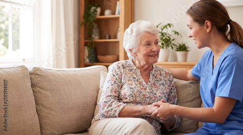 A caregiver sits with an elderly woman in a living room. They are smiling and holding hands. Sunlight comes through the window. They seem to enjoy their time together