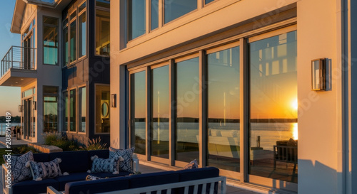 Modern Waterfront Luxury Home With Sunset Reflection Glazing Outdoor Seating