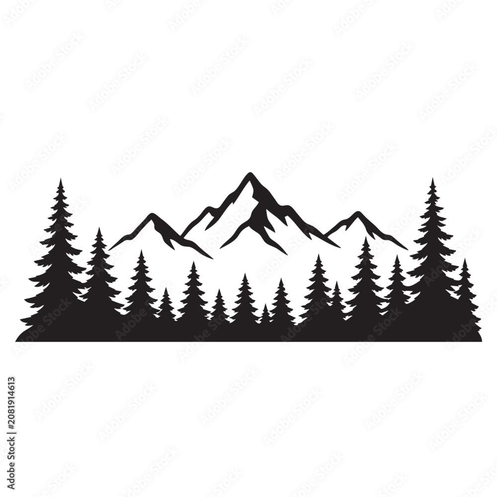 Fototapeta premium Mountain Pine Forest Silhouette Landscape Vector Isolated on White Background