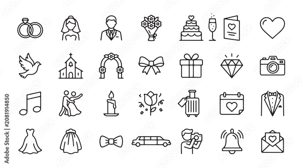 Fototapeta premium Wedding icons, marriage symbols, engagement signs, 40 line art graphics