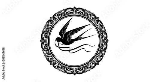 Black bird in circular frame.