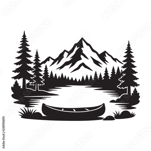 Mountain Lake Canoe Pine Forest Silhouette Vector Isolated on White Background