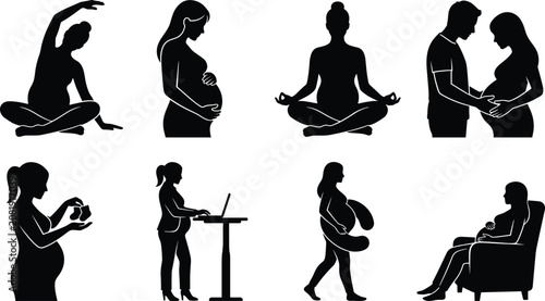Fotografía Pregnant woman lifestyle silhouettes vector set featuring prenatal yoga working
