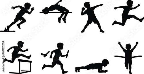 Schilderij op canvas Kids track and field sports silhouettes vector set featuring running hurdling hi