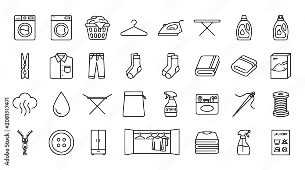 Fototapeta premium Laundry icons, cleaning symbols, washing signs, 40 line icons