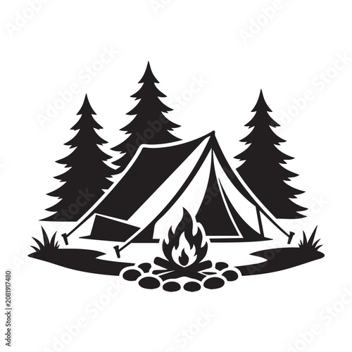 Camping Tent Campfire Pine Forest Silhouette Vector Isolated on White Background
