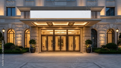 Luxury hotel entrance with white sign and stone facade at dusk