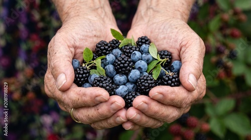 Elderly woman holding a handful of freshly picked blackberries and blueberries in her cupped hands.