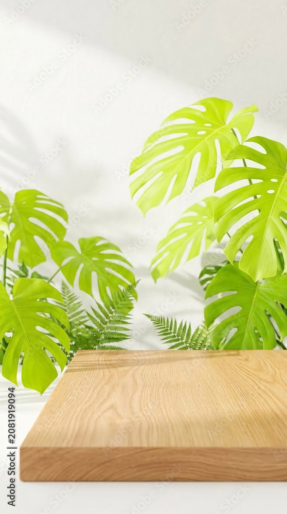 Fototapeta premium Wooden podium and lush green leaves, creating a natural, organic display, perfect for product showcasing or environmental themes