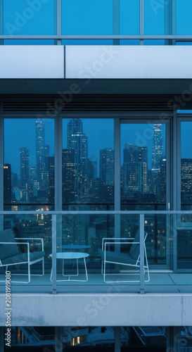 Modern Skyline Balcony Seating With Cityscape Reflection At Dusk