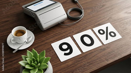 Payment terminal, espresso, and '90%' cards on a wooden desk, symbolizing business, sales, and discounts