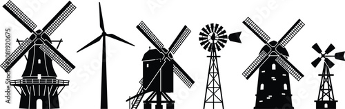 Tableau sur toile Windmill silhouettes set including traditional dutch windmills modern wind turbi