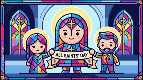 All Saints Day Cartoon Stained Glass Art with Holy Figures and Religious Symbols
