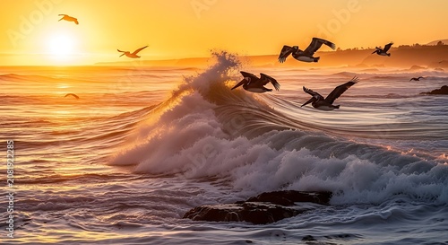 Golden Sunset Landscape Featuring Pelicans Soaring Over Crashing Ocean Waves Along the Pacific Coastline