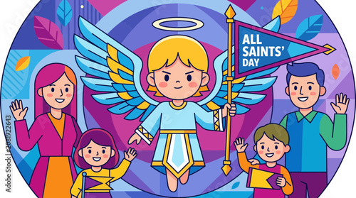All Saints Day Family Celebration with Angel Illustration