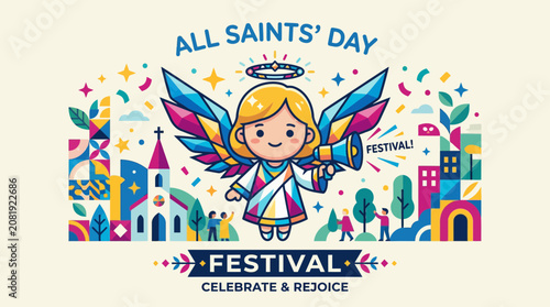 All Saints' Day Festival Celebration with Angel and Cityscape