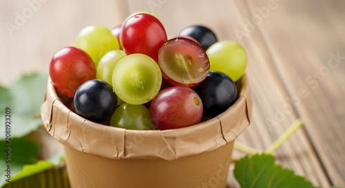 Fresh Assorted Grapes in a Biodegradable Paper Cup for a Healthy Natural Snack Presentation on a Rustic Wooden Background