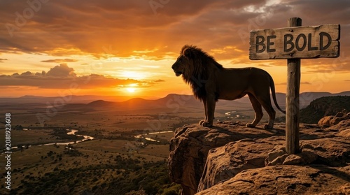 Side profile of a male lion standing on a rocky cliff edge overlooking an African savanna landscape at sunset with a winding river and a wooden signpost reading BE BOLD.