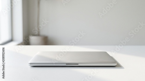 Modern Silver Laptop Computer Closed and Resting on a Clean Minimalist White Office Desk Surface with Soft Natural Sunlight
