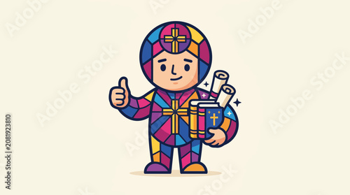 Cartoon Stained Glass Character Giving Thumbs Up, Holding Bible and Scrolls