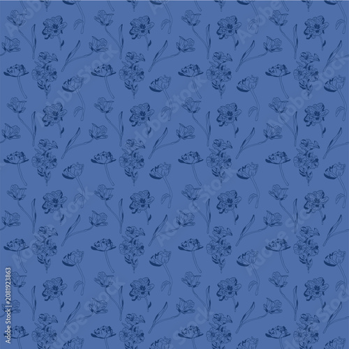 Seamless blue vector floral pattern. Classic illustration. Toile de Jouy Stock Vector