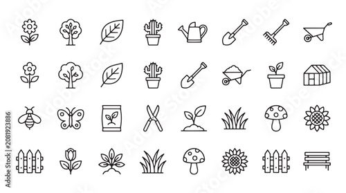 Foto Gardening icons, 30 line icons, gardening tools, plants, flowers, gardening symb