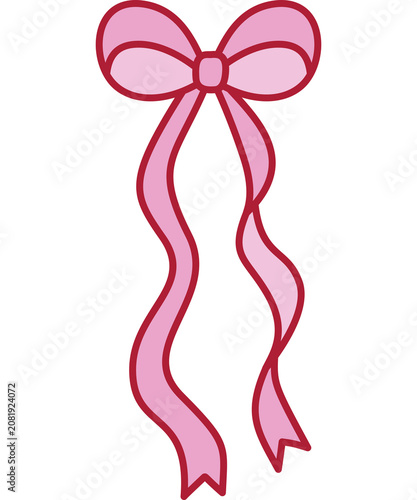 Elegant pink ribbon bow with long cascading tails transparent background, cute coquette vector PNG